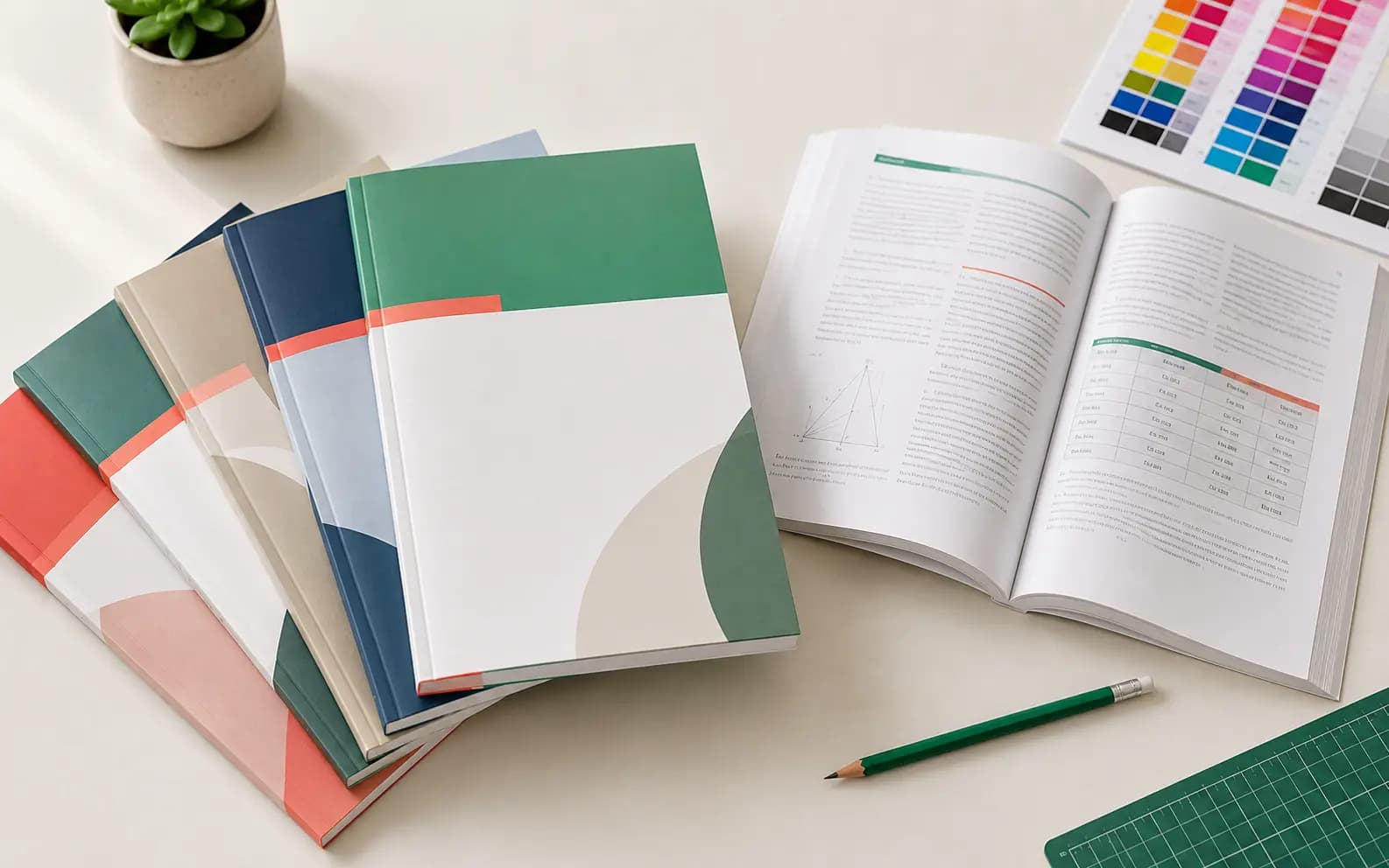 White-label book covers in a matching branded series fanned out beside an open book showing a print-ready interior layout and colour proof