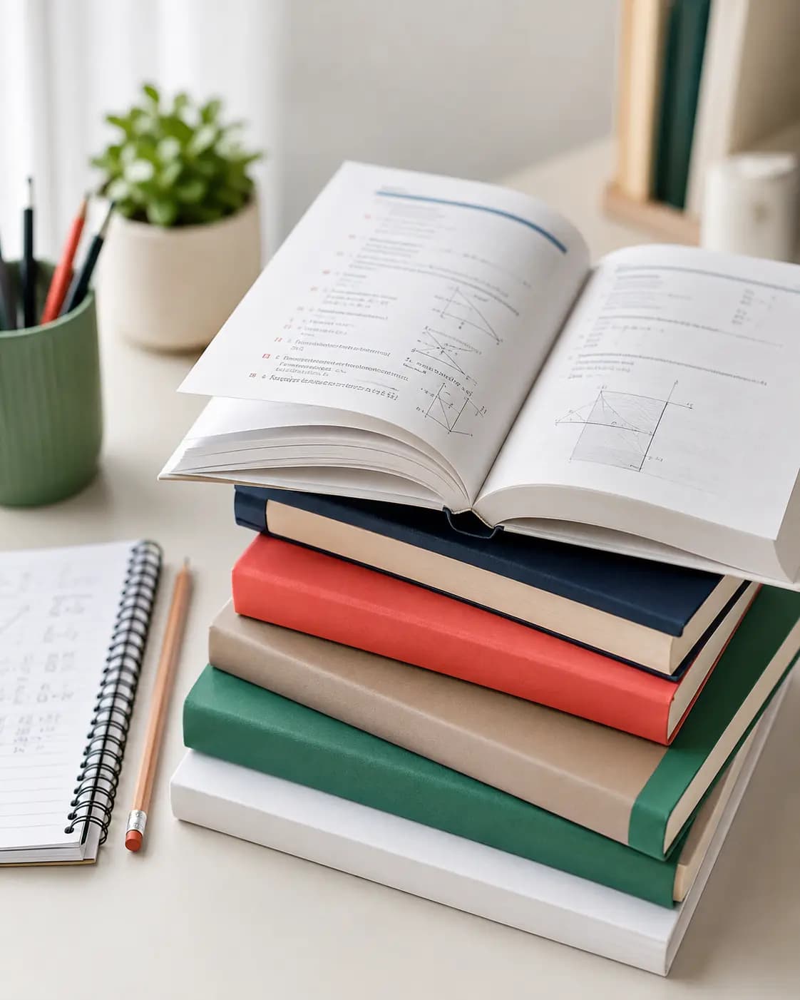 Stack of professionally printed educational study books and workbooks with an open book showing typeset practice questions and diagrams
